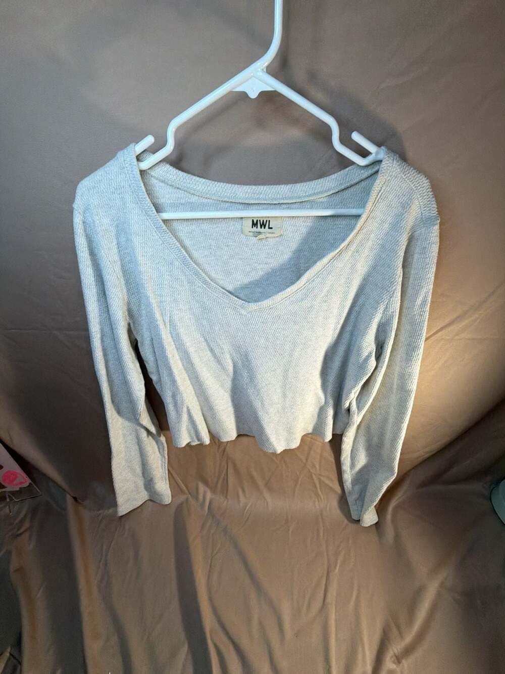 Madewell Long Sleeve Crop Top Size L Gray V-Neck Thermal